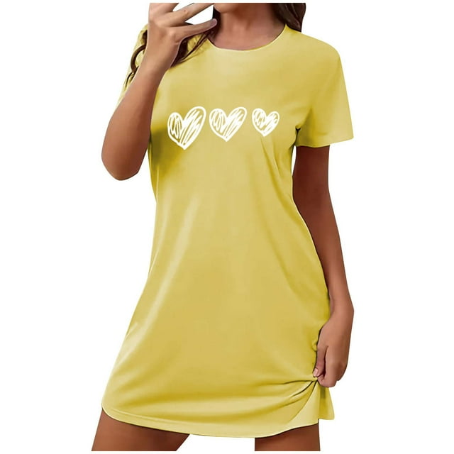 Tnhcen Chemise de Nuit Courte Surdimensionnée pour Femmes Imprimée Col Rond et Manches Courtes Robe de Nuit pour Femmes Pyjama Chemises de Nuit pour Dames Vêtements de Nuit pour Femmes Plus Vêtements de Nuit pour Femmes Jaune