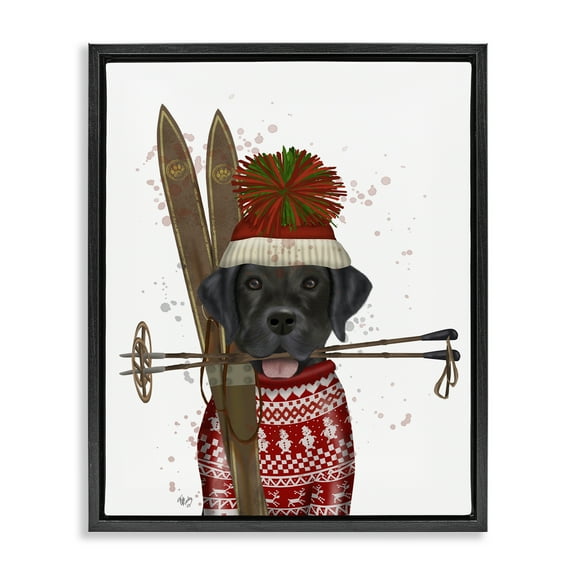 Stupell Industries Black Labrador Skiing Animals & Insects Painting Black Floater Framed Canvas Art Prints Wall Art, 17 x 21
