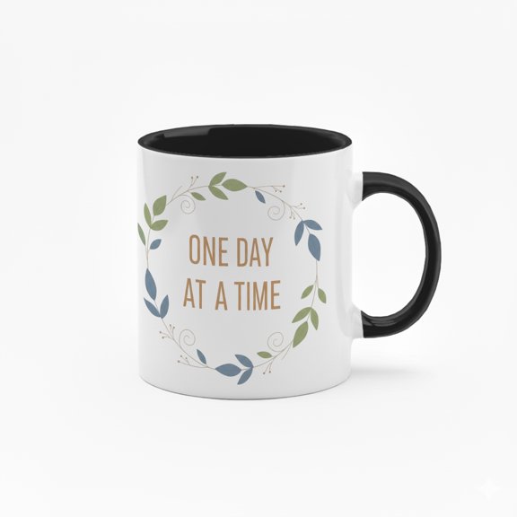11 Ounce "One Day at a Time" Ceramic Mug with Colorful Inner Lining - Inspirational Quote Coffee Cup with Floral Wreath Design