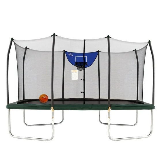 Skywalker Trampolines 14x8ft Rectangle Trampoline with Safety Enclosure Net Rust-Resistant Frame with Basketball Game for Kids