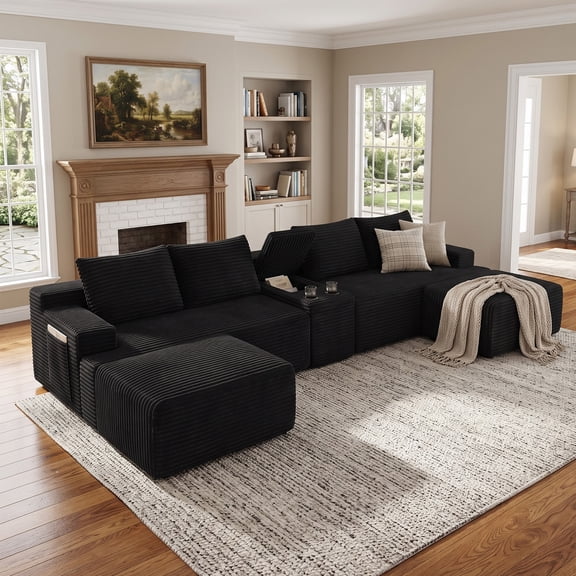 Muumblus 140" Oversized Modular Sectional Sofa with Storage Console & 2 Ottomans, U-Shaped Boneless Cloud Couch for Living Room, Black Corduroy