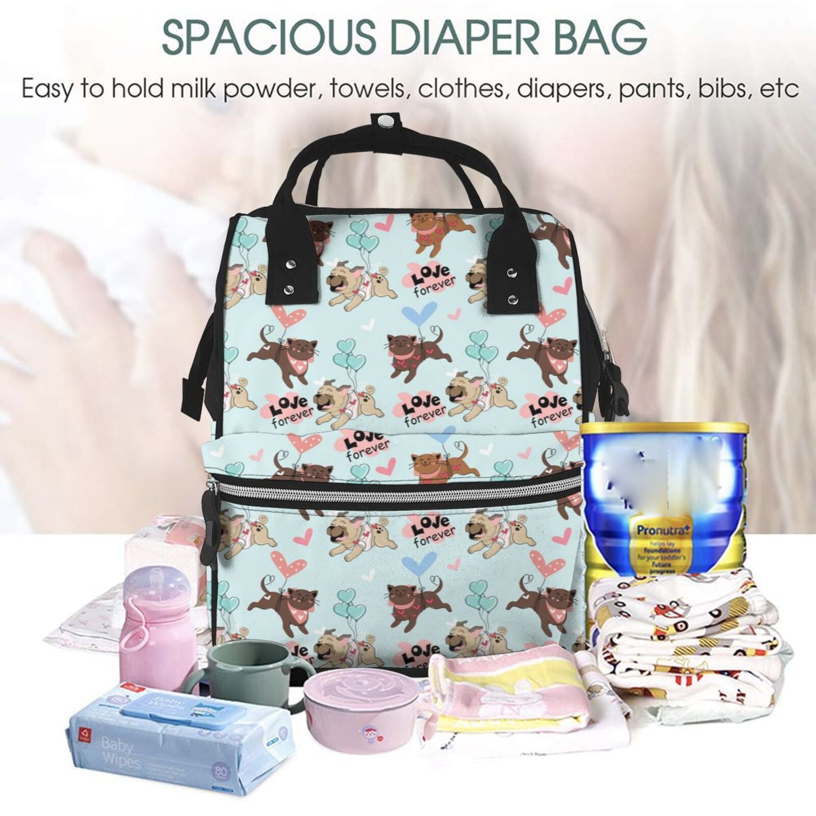 Ratiio Cute Pug Dogs Mummy Backpack - Waterproof Twill Canvas, Large Capacity Diaper Bag with Multiple Pockets and Adjustable Straps