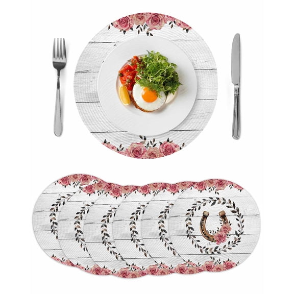 Pink Roses Round 13 Inch Placemats Set of 6, Spring Horseshoes Floral Leaves Gray Wood HeatResistant Non Slip Place Mats for Dining Table, Wipeable Braided Kitchen Table Mats for Housewarming