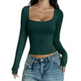 thumbnail image 1 of Chemises à Manches Longues pour Femmes Crop Tops Col Carré Sorties Basiques Tees Y2K Vêtements d'Hiver Vert Foncé m, 1 of 7