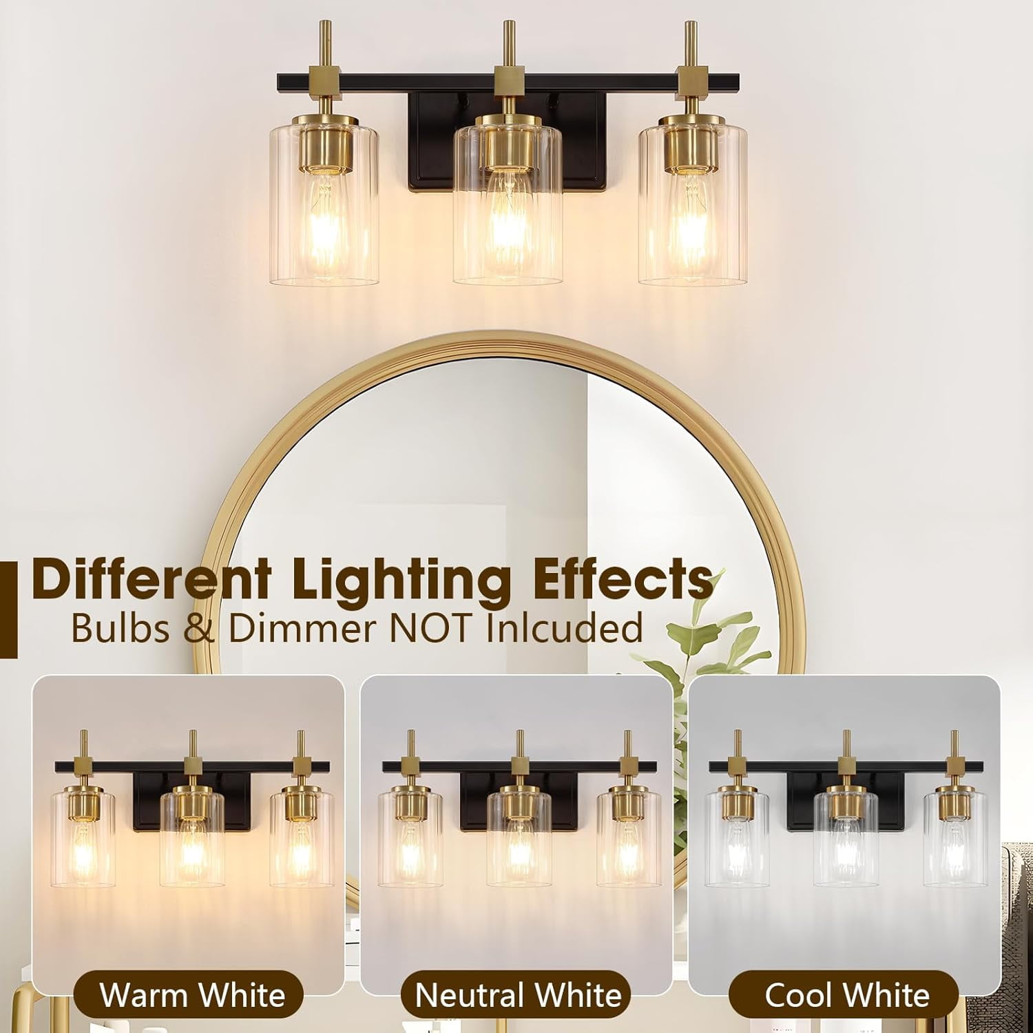 Textured Glass Bathroom Vanity Light 3-Light Brass Wall Light Fixtures over Mirror Black and Gold Vanity Lighting for Bathroom Wall Sconce