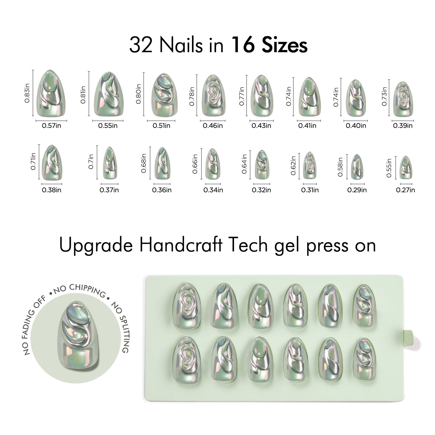 VSALON Press on Nails Short Almond - 3D Sculpting Silver Cat Eye Chrome Nails Kit for Women, Reusable Semi-Transparent Gel Halloween Fake Nails with Glue & Cuticle Oil - 32 PCS Nails in 16 Sizes