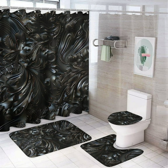 Metal 4 Pcs Bathroom Shower Curtain Set, Bathroom Sets with Rugs (Bath Mat, U Shape and Toilet Lid Cover Mat) and 12 Hooks,