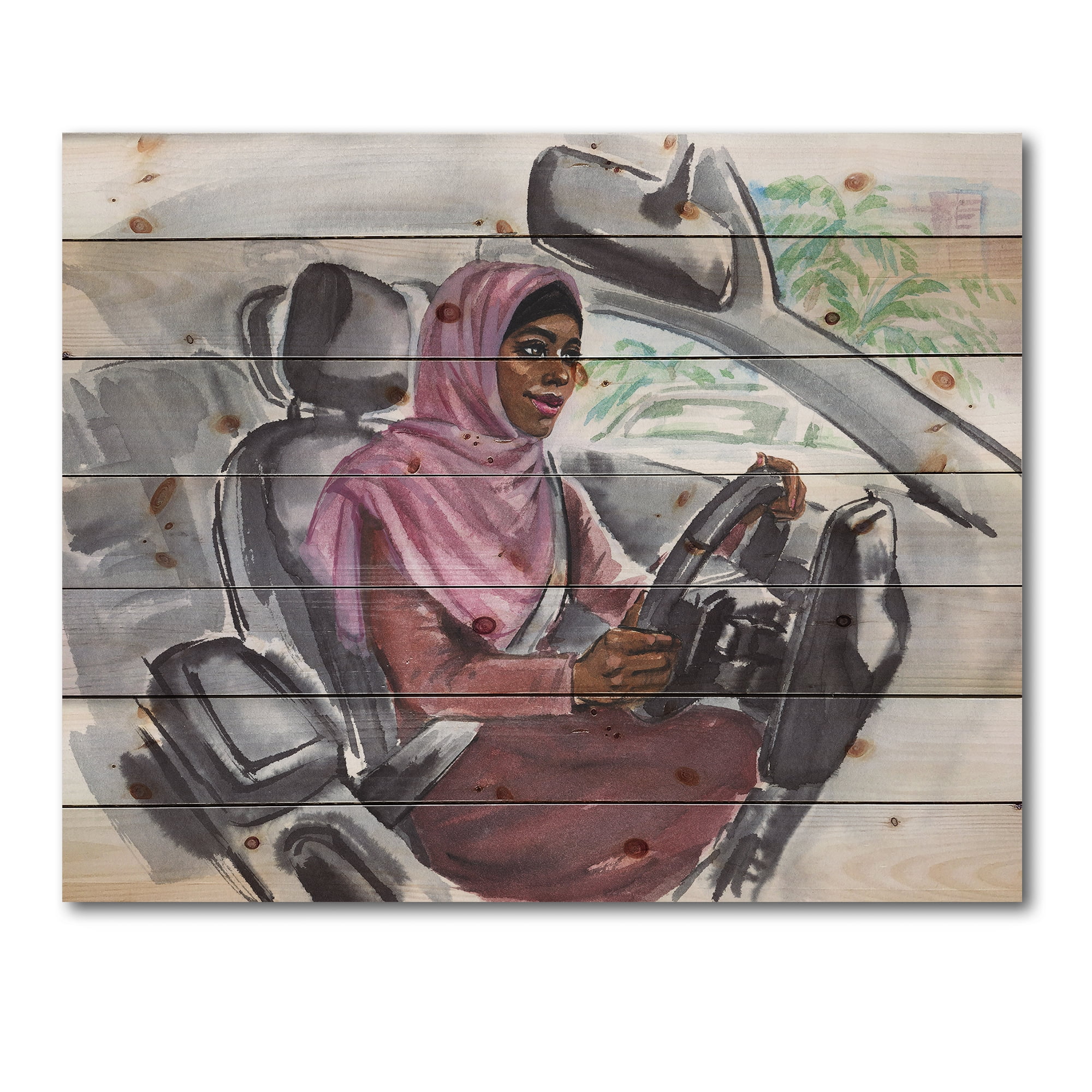 Designart 'Arabian Lady Driving A Car III' Modern Print on Natural Pine Wood