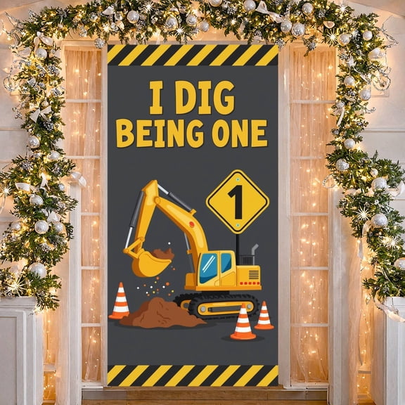 Yellow Cartoon Excavator I Dig Being One Banner Construction Themed Backdrop Lettering Background for 1st Birthday Party Kids Celebration Indoor Party Decoration