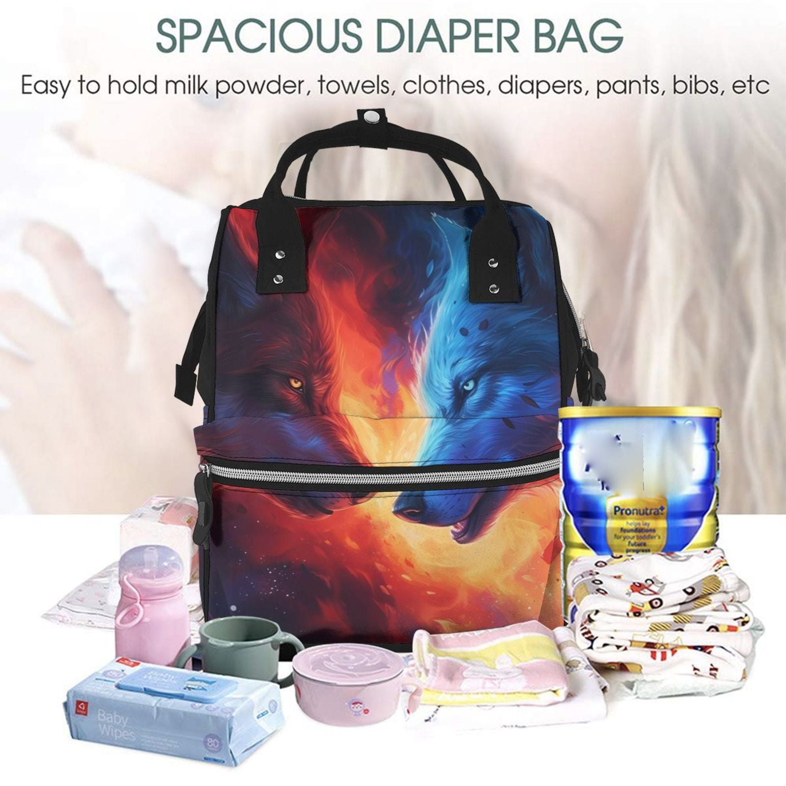 Ratiio Wolf Mummy Backpack - Waterproof Twill Canvas, Large Capacity Diaper Bag with Multiple Pockets and Adjustable Straps