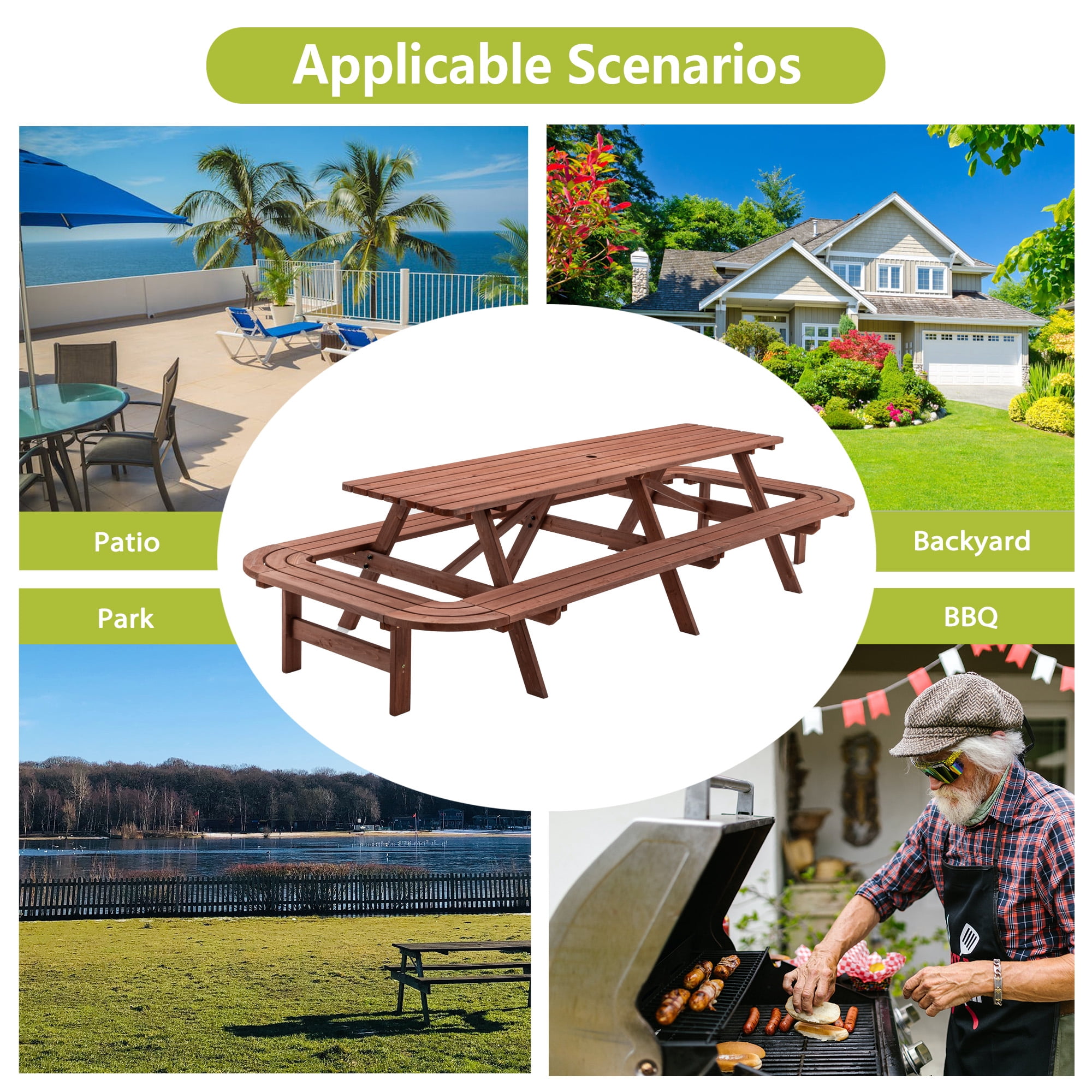 Wooden Picnic Table Bench Set for 14-16 Persons,Large Outdoor Rectangle Picnic Table with Umbrella Hole for Patio,Garden,Backyard