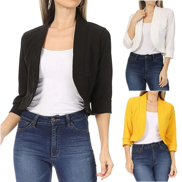 QIPOPIQ Womens Cropped Blazer Casual Business 3/4 Sleeve Collarless Open Front Cardigan Work Jacket Shrug Clearance