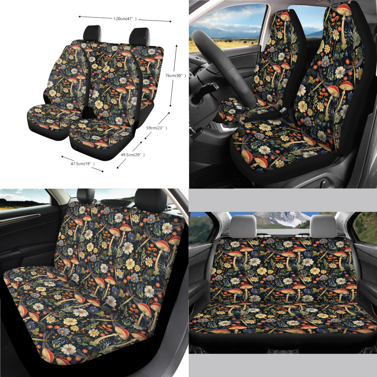 Jeiento Aesthetic Mushroom Car Seat Covers Front Rear Full Set Steering Wheel Cover Seat Belt Pads Coasters Waste Bin Armrest Cover Cup Holders Rearview Mirror Cover Handbrake Cover Set, 14 PCS