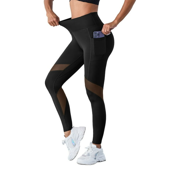 HKYNLAG Women's Mesh Leggings High Waisted Tummy Control Running Workout Leggings Soft Yoga Pants with Pockets Black M