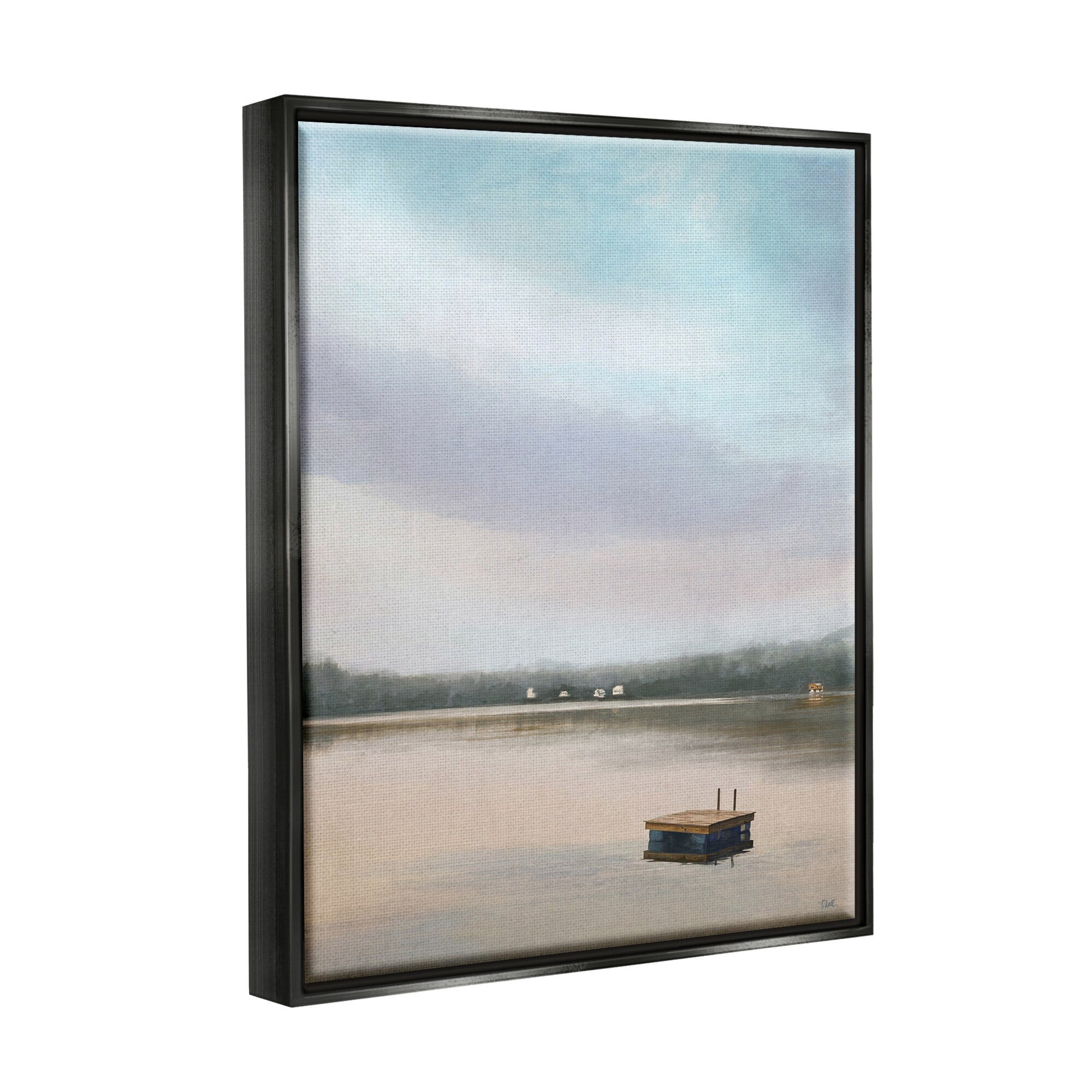 Stupell Industries Lone Floating Dock Serene Lake View Pastel Sky Painting Jet Black Floating Framed Canvas Print Wall Art, Design by Amy Hall