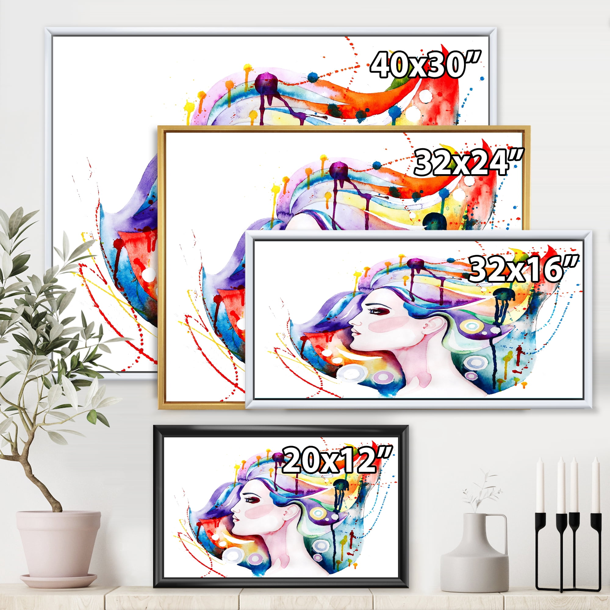 Beautiful Young Woman With Colorful Hair 32 in x 24 in Framed Painting Canvas Art Print, by Designart