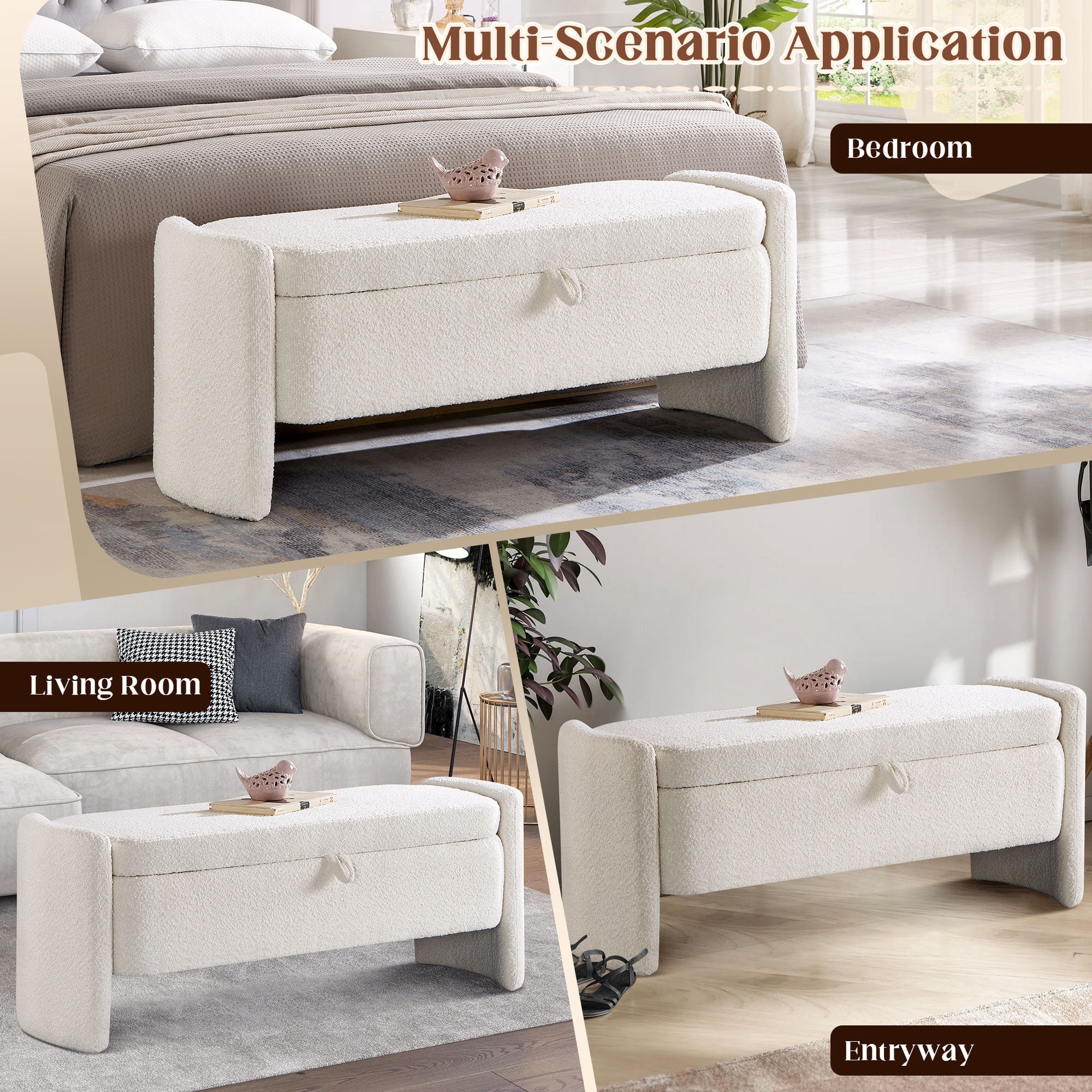 Lunale 41.73" End of Bed Storage Bench, Teddy Upholstered Storage Ottoman Benches for Bedroom, Beige
