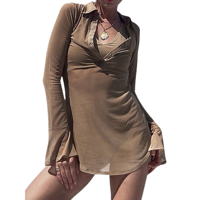 Sunloudy Vestido camisero con botones para mujer, mini vestido ajustado de manga larga de malla transparente de color sólido Sunloudy moda