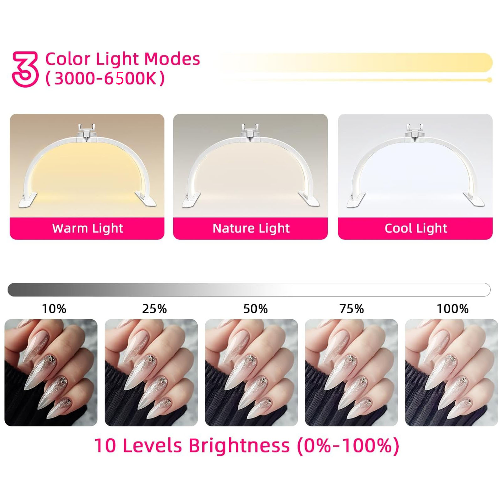 Half Moon Light for Nail Desk, Foldable Nail Lamp with Phone Holder,  Nail Desk Lamp, 3 Modes 10 Brightness, Portable Half Moon Lamp Arch Light for Lighting/Nail Art/Beauty/Eyelashes/Tattoos