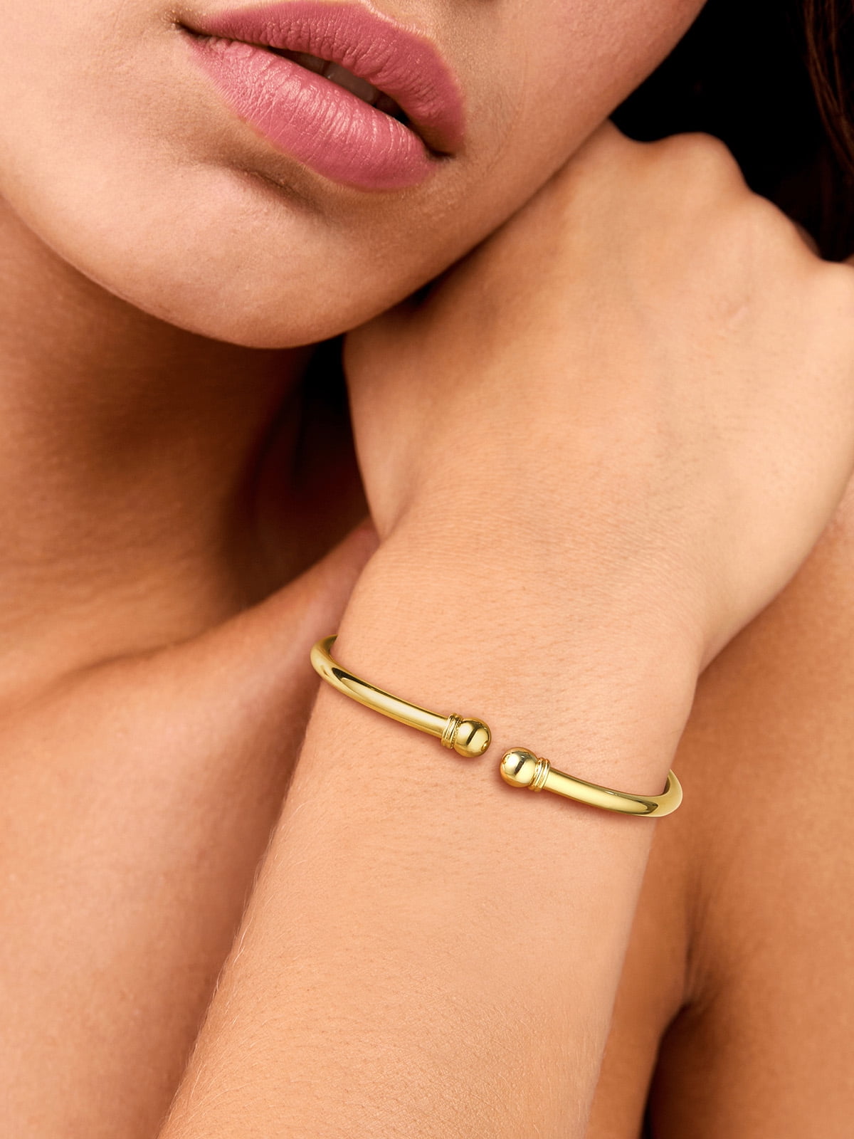U7 Womens Bracelets 925 Sterling Silver Open Bangle Bracelet 7mm Round Ball Gold Plated Cuff Bangle Gift for Daughter