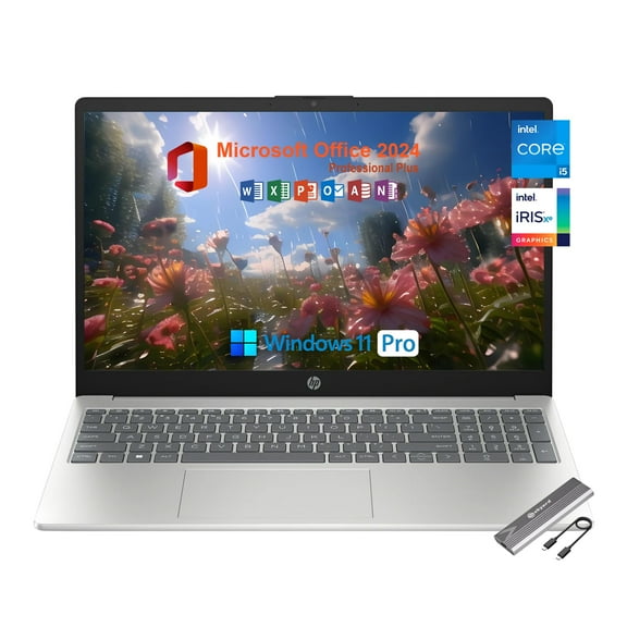 HP 15.6" FHD Laptop, Microsoft Office2024 Lifetime License, Intel Core i5-1235U Processor, 64GB RAM, 1TB SSD,Windows 11 Pro, Wi-Fi6, Bluetooth, HDMI, Type-C, Skyerd 128GB NVMe Portable SSD, Silver