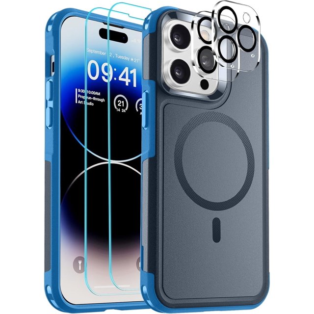 KOMI Magnetic for iPhone 14 Pro Max Case (Compatible with MagSafe) (12FT Military Grade Drop Protection) 2X Tempered (Glass Screen+Camera Lens Protector) Shockproof Phone Case 6.7 inch, Deep Blue