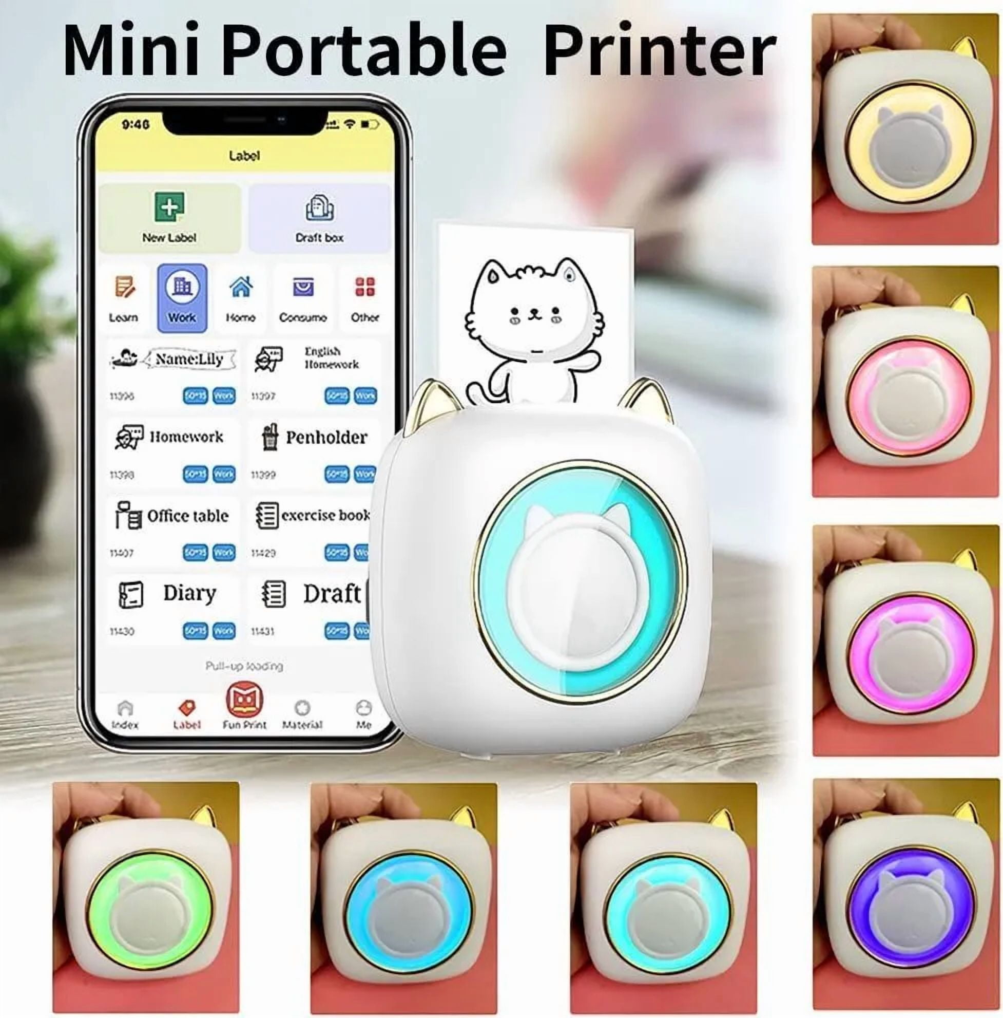 Mini portable thermal printer, ChaoriMall, MP-40, 203 dpi, 3 rolls white thermal paper, 3 Rolls white self-adhesive thermal paper, 3 rolls colored thermal paper, 1 random cartoon stickers, 1 Storag