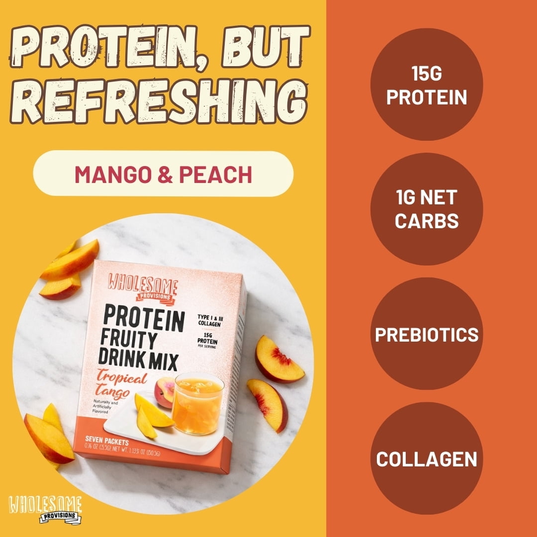 Protein Fruit Drink Mix, 15g Protein, Low Sugar, Collagen + Prebiotics, No Artificial Colors or Dyes, Refreshing by Wholesome Provisions(Pack of 3, Peach mango)