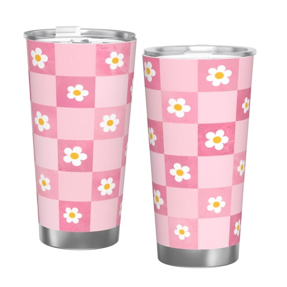20oz Pink Checkerboard Daisy Tumbler with Handle Stainless Steel Insulated Travel Coffee Cup Gift with Single Silver Rim