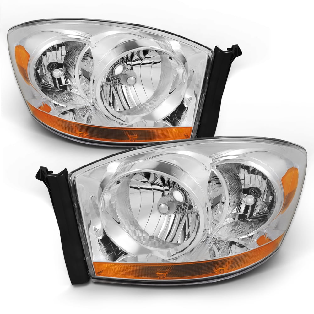 MAYASAF Headlight Assembly Fit 2007-2009 Dodge Ram 1500/2500/3500 Pickup Truck Left+Right Chrome Housing Amber Reflector Clear Lens Driver and Passenger Side Replacement Headlamp Kit 