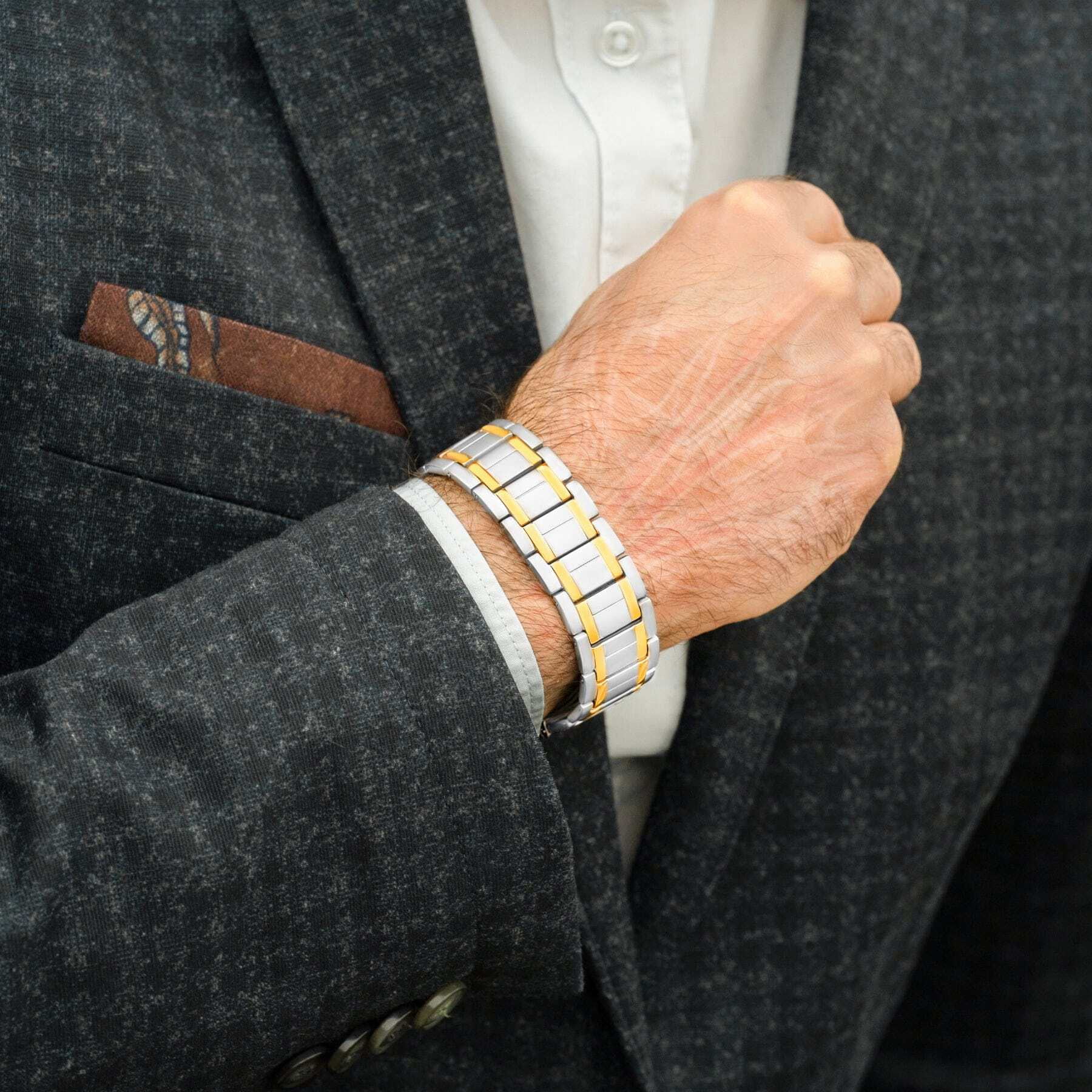 MagnetRX® Titanium Bracelet – Bracelets for Men – Premium Fold-Over Clasp & Adjustable Length with Sizing Tool (Silver & Gold)