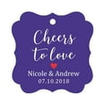 thumbnail image 1 of Darling Souvenir Cheers to Love Bottle Tag Personalized Wedding Favor Custom Hang Tags-Purple Violet-100 Tags, 1 of 1