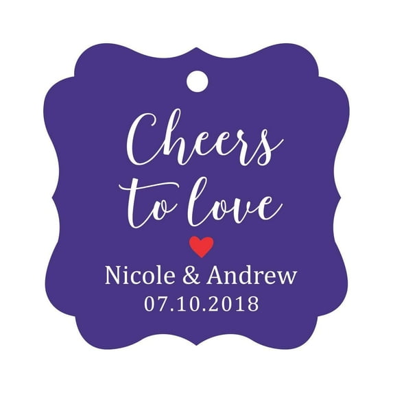 Darling Souvenir Cheers to Love Bottle Tag Personalized Wedding Favor Custom Hang Tags-Purple Violet-100 Tags