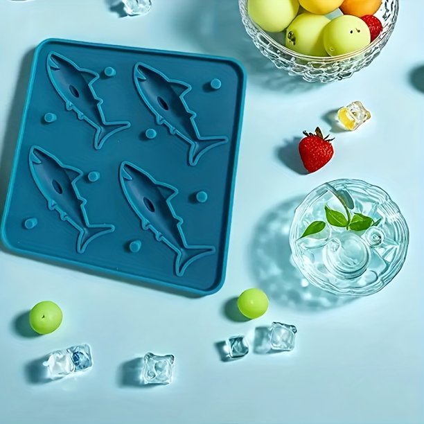 Molde de hielo de silicona con forma de tiburón, bandeja de silicona antiadherente de 4 cavidades, adecuado para hacer cubitos de hielo, chocolates y moldes para galletas, molde creativo para fiest...