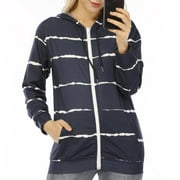 U.Vomade Fall Winter Women's Cotton Sweatshirt Plus Size Long Sleeve Zip Hooded Striped Casual Pocket Zip Coat