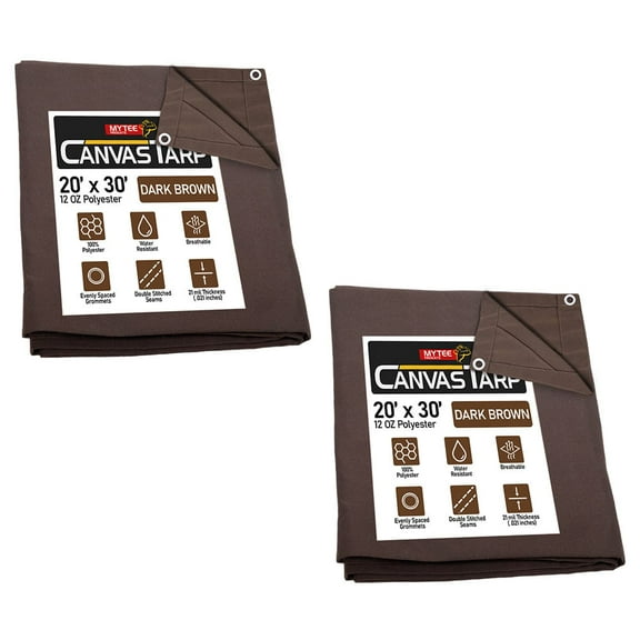 2 Pack 20'x30' Dark Brown 12oz Canvas Tarp with Grommets - Water Resistant - Heavy Duty Canvas Tarps - Multipurpose Tarpaulin Cover for Canopy Tent, Roof, Camping, Semi Trucks & Cargo