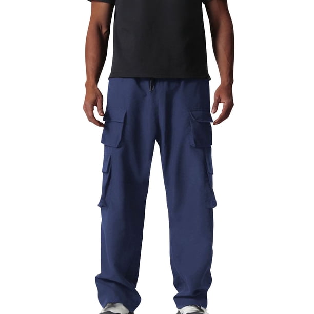 Pantalones de trabajo para hombre, de color liso, con cordón, cintura elástica y múltiples bolsillos