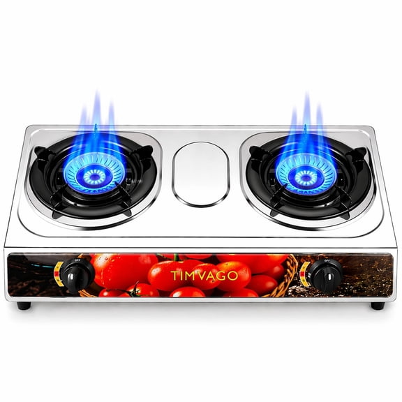 Portable 2 Burner Propane Gas Stove, Stainless Steel Camping Stove with Auto Ignition, Outdoor Cooking Stove with Regulator Hose