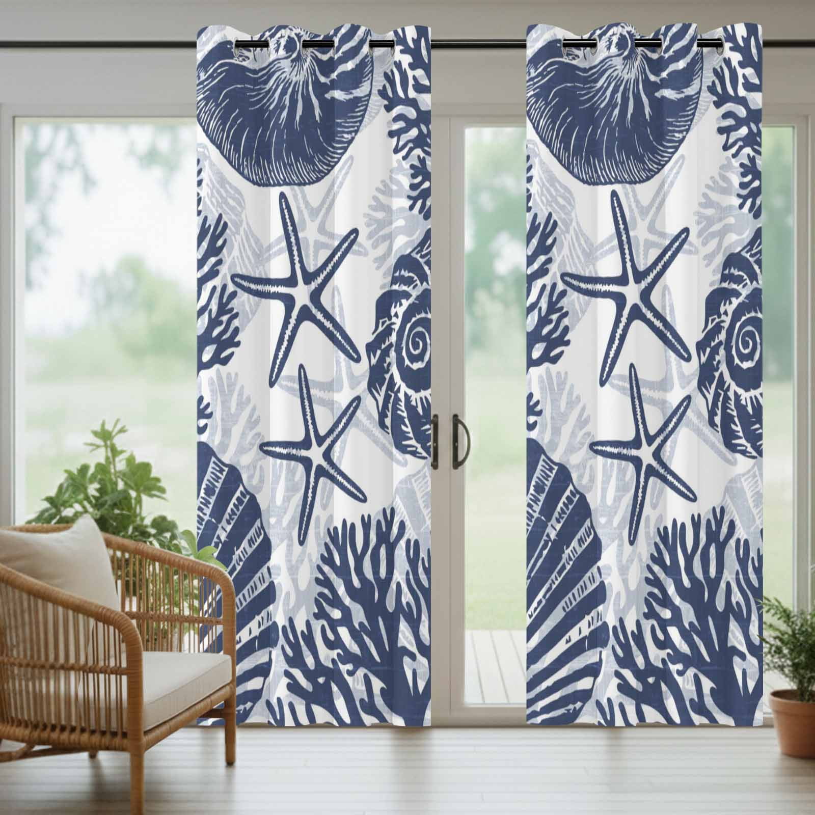 Navy Coastal Outdoor Curtains for Patio, Beach Starfish Nautical Coral Shell Summer Sunshade Privacy Drapes Grommet Waterproof Outside Curtains for Porch/Cabana/Balcony 54"x 108", 1 Panel
