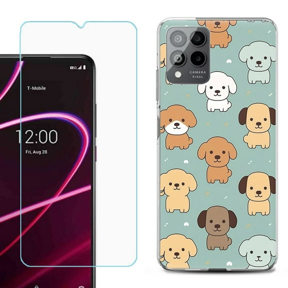 OneToughShield ® for T-Mobile Revvl 6x Pro 5G Shockproof Fashion Phone Case, with Tempered Glass Screen Protector - Puppies