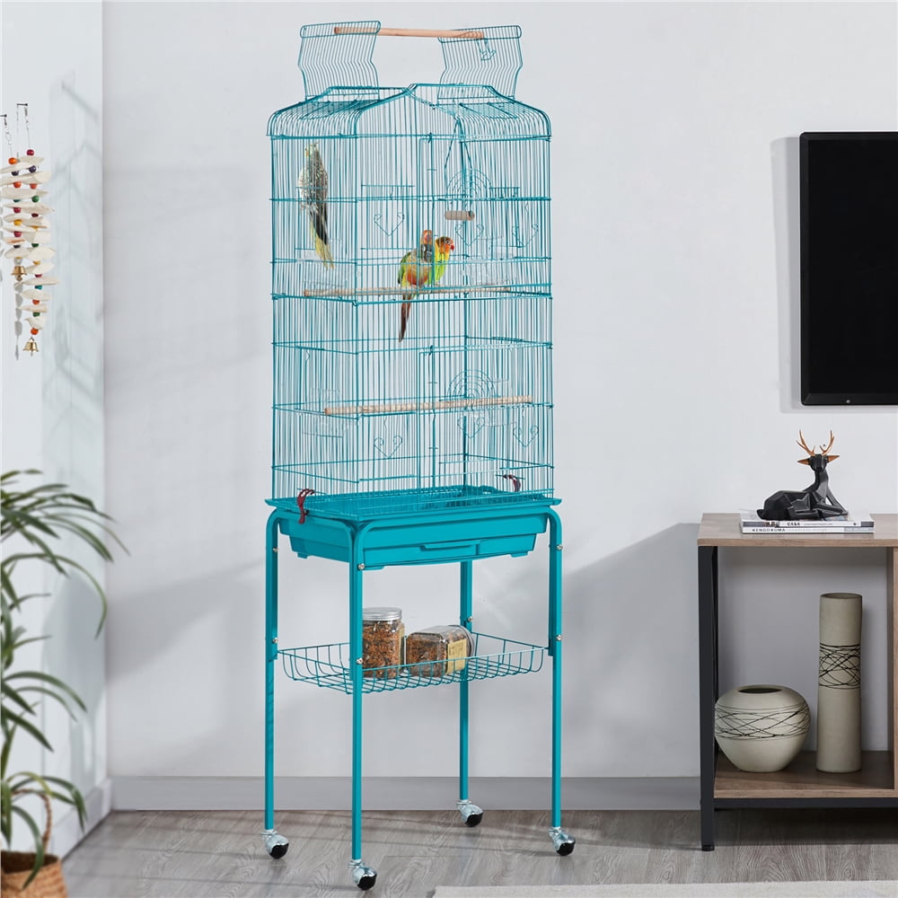 Alden Design 64''H Parrot Cage Open Top Metal Bird Cage Large Rolling, Teal Blue