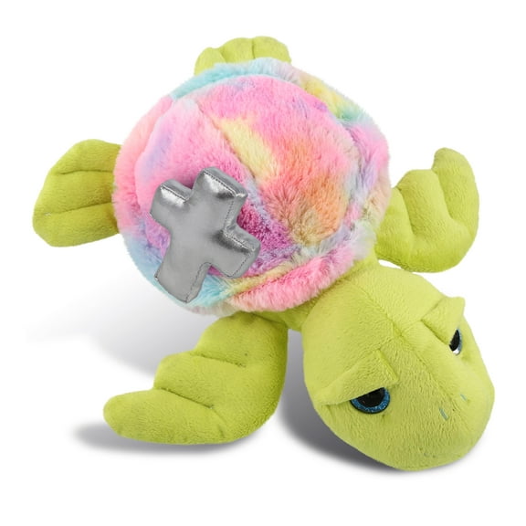 DolliBu Rainbow Green Sea Turtle Stuffed Animal with Silver Cross Plush- Religious Baptism Gifts for Boys and Girls, Dedication Christening Gifts Plush Prayer Toy Healing Stuffed Animal - 10 Inch