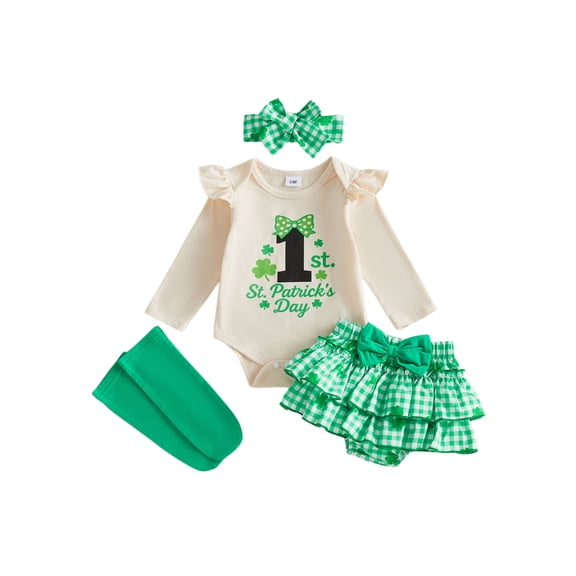 BemeyourBBs Newborn Baby Girl My First St Patricks Day Outfits Irish Spring Clothes Clover Letter Print Long Sleeve Romper Plaid Ruffles Skirt Set Headband Socks 4Pcs Set