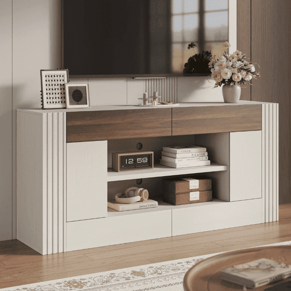 Easoger 70" Farmhouse TV Stand, Entertainment Center for TVs up to 80", with Large Cabinets & Open Shelves, White