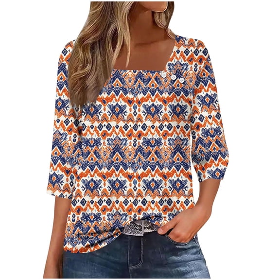 Jsaierl Womens 3/4 Sleeve Tops Summer Button Up Round Neck Shirts Dressy Print Petite Blouses Flowy Loose Fit T-shirts Top S-3XL