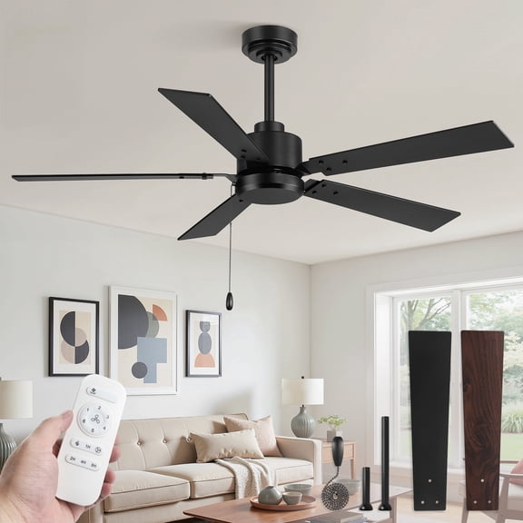 Lokivas 52 Inch Black Modern Ceiling Fan with No Light, Quiet 6 Speeds Pull Chain, Remote Control DC Motor for Indoor/Outdoor