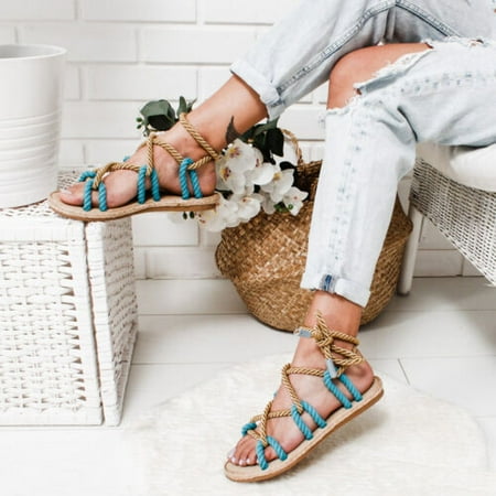 

Women Weaving Sandals Casual Hemp Rope Toe Beach Slippers Cross Tied Shoes New