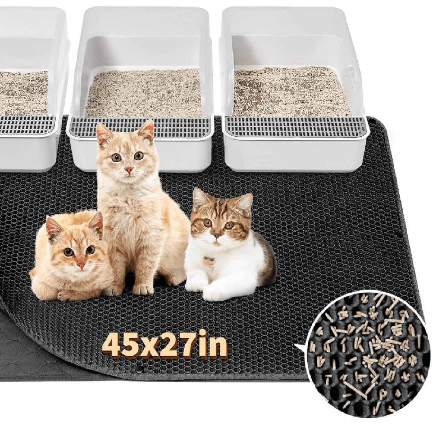 Cat Litter Mat, 45"x 27" Kitty Litter Trapping Mat, Extra Large XL Honeycomb Scatter Control, Urine & Waterproof, Machine Washable, Black