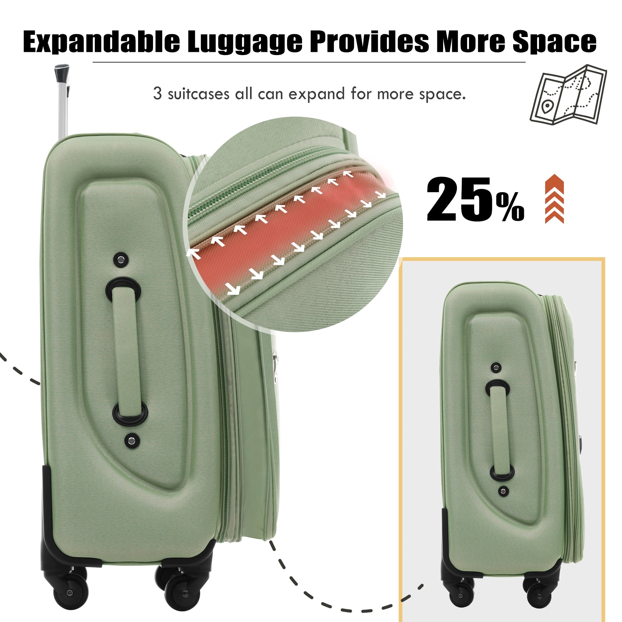 Euroco 5 Piece Softside Luggage Set,Expandable Suitcase Set with Duffel Bag,TSA Lock and Spinner Wheels,Lightweight Travel Suitcase for Men Women,Light Green