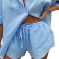 thumbnail image 3 of Linen Blend Sets for Women 2 Piece Tracksuit Button Down Shirt High Waisted Elastic Waist Shorts Set Outfits, 3 of 6
